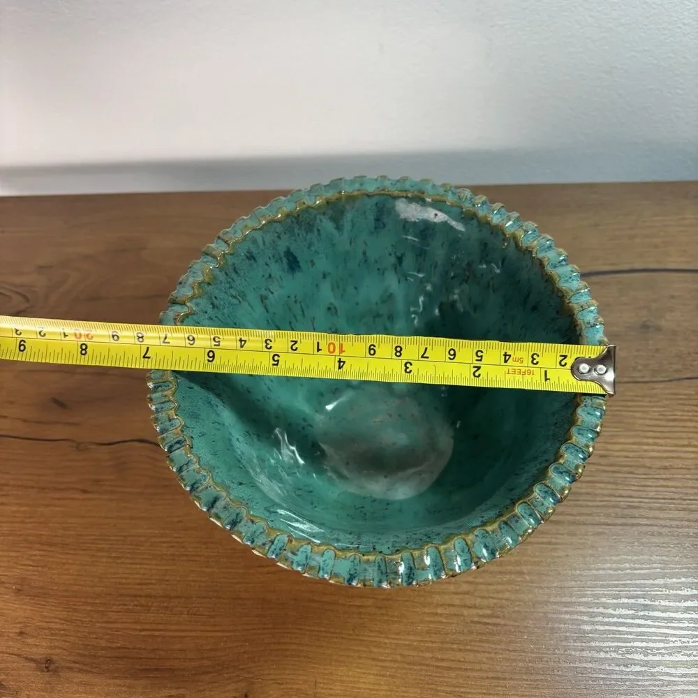 Handmade Artisan Hand Stamped Pottery Nautical Coastal Sea Creature Bowl Teal